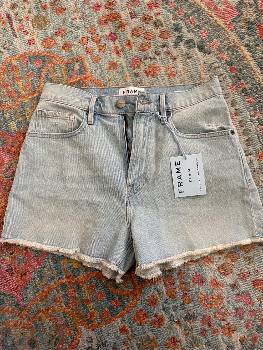 Frame Denim Pale Blue High-Rise Frayed-Hem Jean Shorts NWT